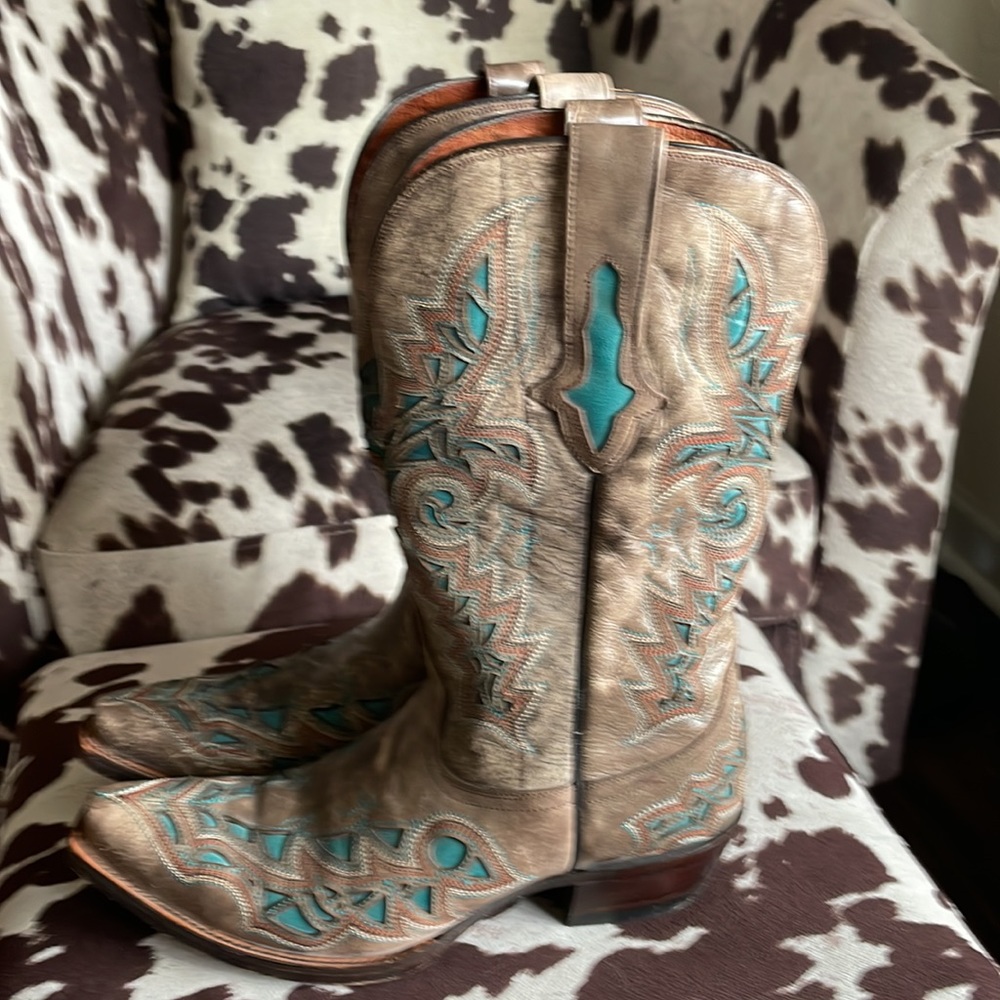 🌺SOLD🌺Lucchese Brown Leather Western Heeled Boots with Turquoise Stitching - Picture 2 of 6